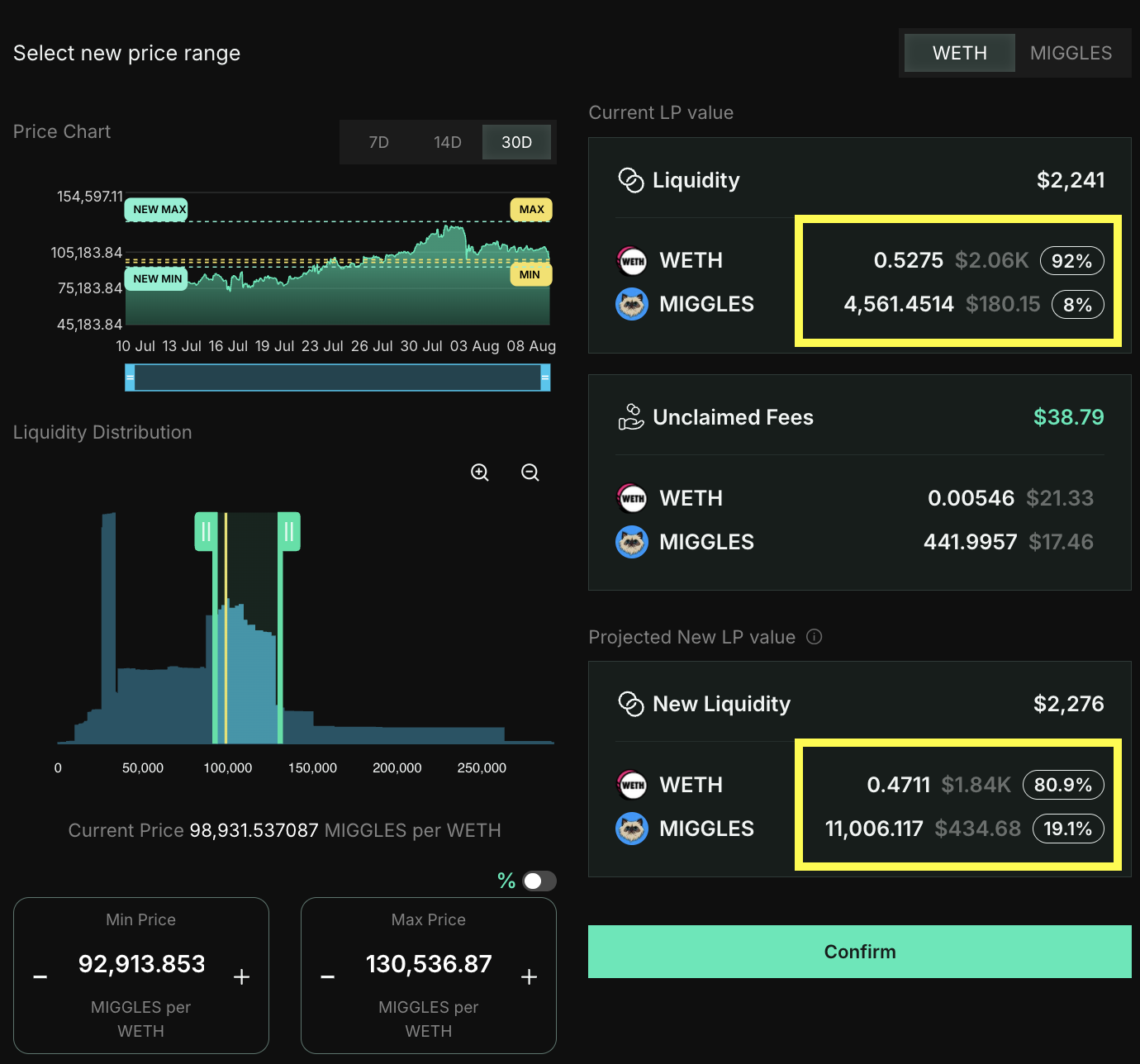 manual nudge rebalance on WETH/MIGGLES
